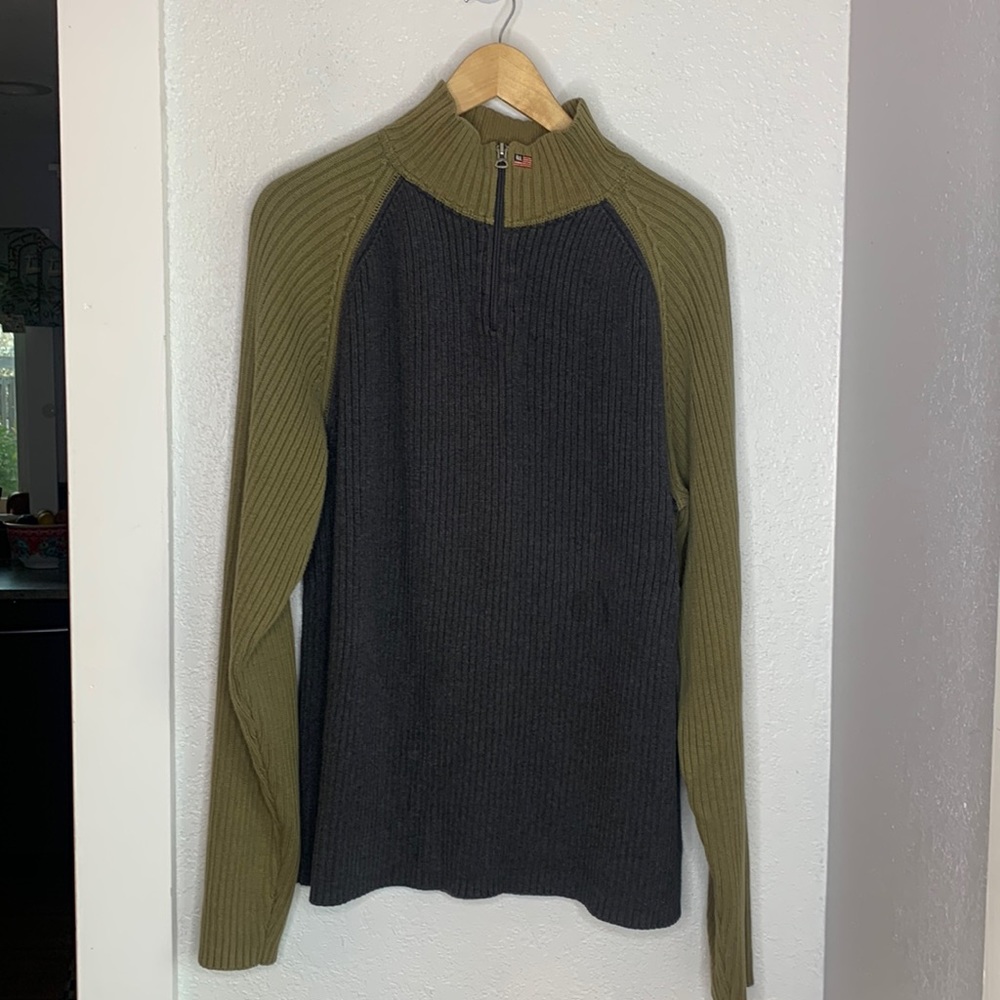 Vintage Ralph Lauren Grey Quarter-Zip Ribbed Knit Sweater Size XXL 90s